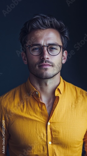 Confident man with glasses wearing an orange shirt poses against a dark backg...