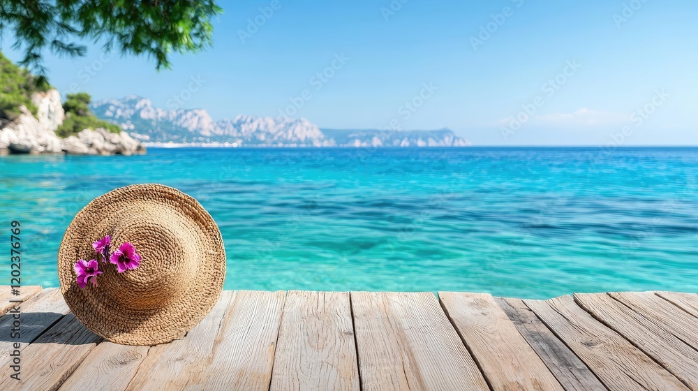 Obraz premium Summer hat on beach pier, turquoise sea background; vacation travel