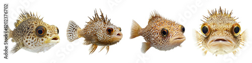 Porcupine fish isolated on transparent background, Set of photo