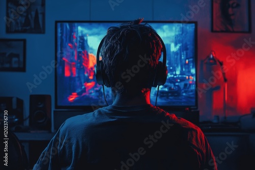 Listening to music in a vibrant recording studio at night