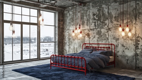 An industrial-style bedroom with distressed concrete wall panels and vintage filament bulbs providing warm ambiance photo