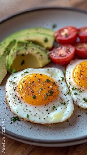 Delicious breakfast featuring fried eggs and fresh avocado on a gray plate