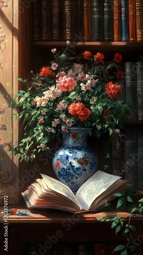 Colorful flower bouquet on a windowsill beside an open book in a cozy indoor ...