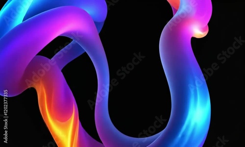 A colorful abstract design with curved lines and shapes in shades of blue, purple, and pink against a black background.