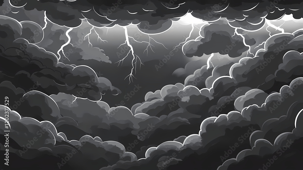 Fototapeta premium Dark grey and black storm clouds cover a vast expanse of the sky with flashes of lightning, dramatic, ominous, cloud, black. Dramatic Storm Skies. Illustration