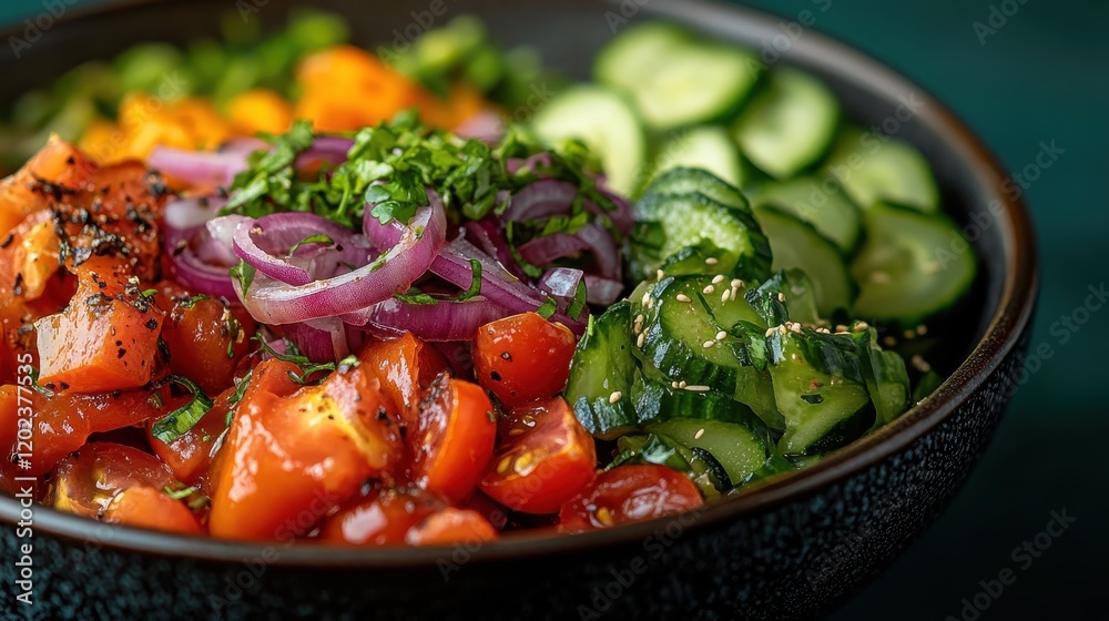 A visually pleasing salad bowl featuring an array of fresh vegetables including tomatoes, cucumbers, and onions, garnished with herbs and spices for flavor and zest. A visually pleasing salad bowl featuring an array of fresh vegetables including tomatoes, cucumbers, and onions, garnished with herbs and spices for flavor and zest.