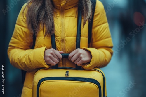 Bright yellow winter jacket and travel bag at urban setting during cold season