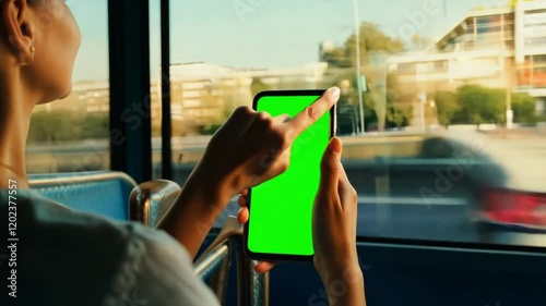 Person holding a smartphone with a green screen, looking out a window, ready for customization photo