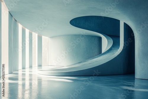 Stunning modern interior with curved blue walls and expansive glass windows s...