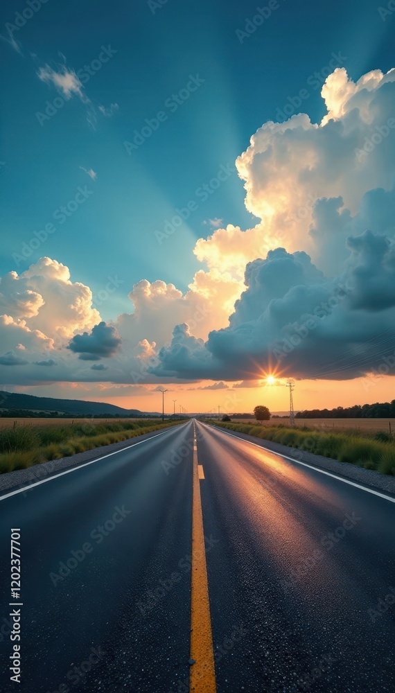 Empty asphalt roadway cutting through dramatic sky with fluffy clouds, clouds, nature Empty asphalt roadway cutting through dramatic sky with fluffy clouds, clouds, nature