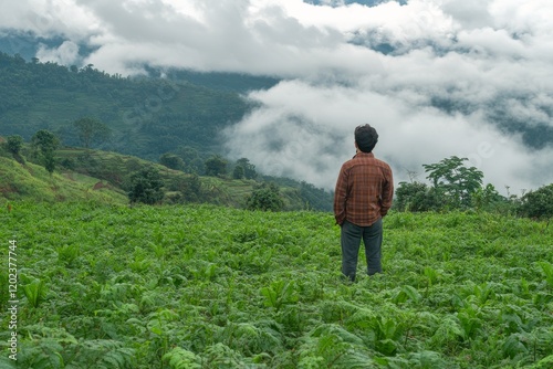 Man overlooking vast green landscape with clouds in blue sky during daylight