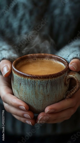 Warm cup of coffee held gently in hands with steam rising in a cozy setting d...