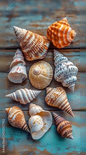 Shell collection arranged on a wooden surface showcasing various colors and p...