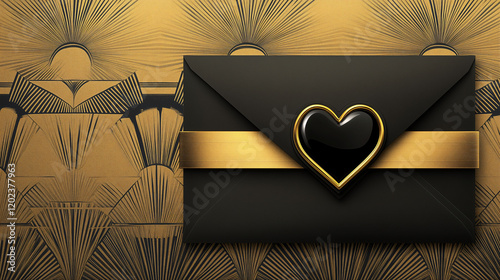 A luxurious black envelope tied with a gold ribbon and heart-shaped embellishment, set against a geometric art deco background.
 photo