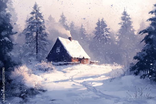 Charming log cabin in a winter wonderland surrounded by tall evergreen trees ...
