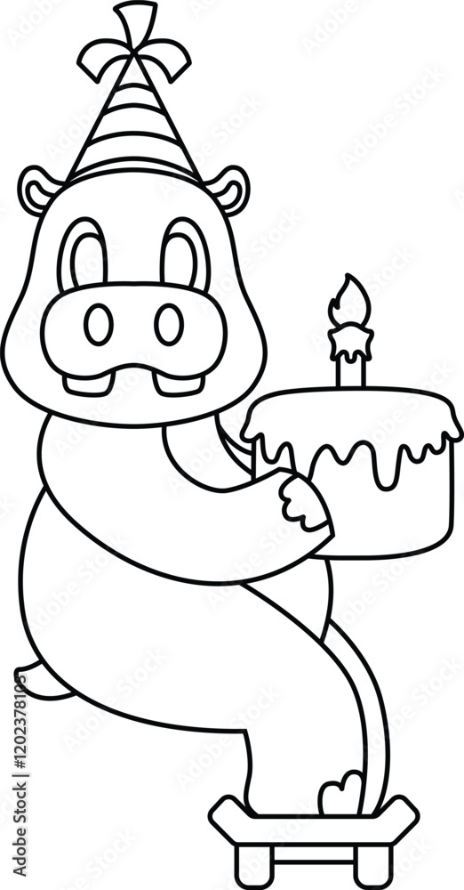 Fototapeta premium Hippo Birthday Skateboard Animal Vector Graphic Art Illustration