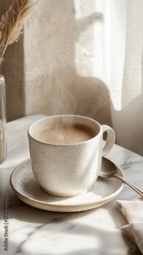 Warm cup of coffee resting on saucer with sunlight casting soft shadows