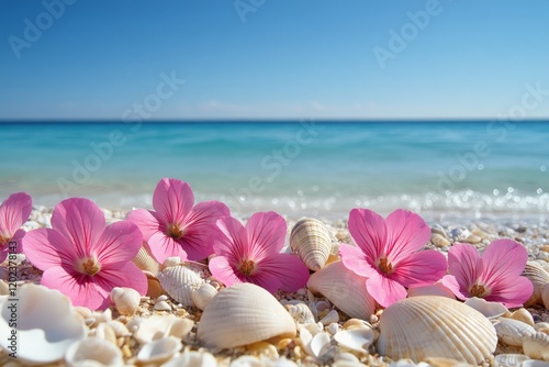 Romantic beach view with seashells and flowers under a clear sky