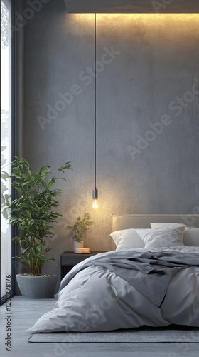 Stylish modern bedroom with natural light and minimalist design in a cozy atm...