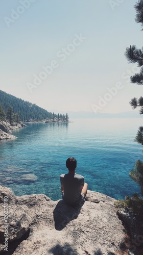 Peaceful moment of reflection by a serene lake surrounded by trees at sunset