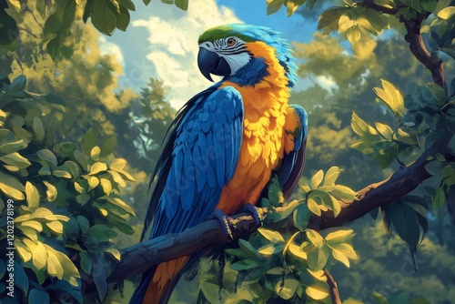 Bright blue and yellow parrot perched on a branch in a lush green setting wit...