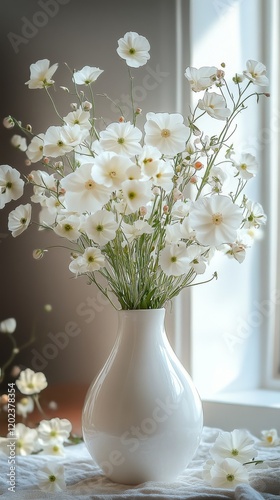 Beautiful white cherry blossoms arranged in a simple vase on a wooden table i...