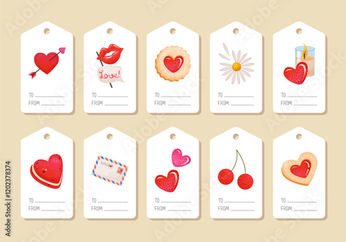 Cute Valentine's Day gift tags set with romantic elements: hearts, love letter, cookie, flower, lips, gifts. Perfect for love gift tags and cards, presents, and packaging decor. Vector illustration.