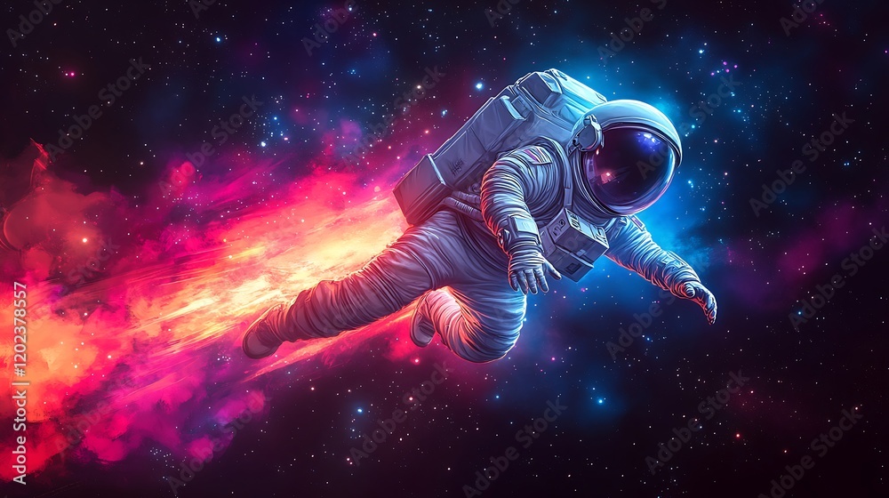 Fototapeta premium Astronaut Soaring Through Vibrant Cosmic Nebula