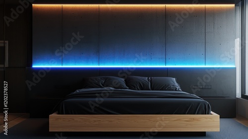 contemporary bedroom interior with sleek birch wood bed and matte black concrete wall
