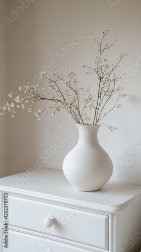 Elegant white vase with delicate flowers on a wooden dresser in a minimalist ...
