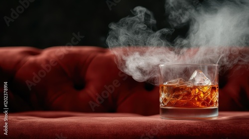 A richly colored whiskey glass sits on a vintage red couch, with swirling smoke rising, creating a warm and inviting atmosphere perfect for relaxation. photo