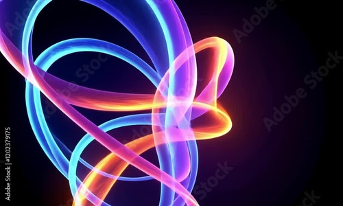 A colorful abstract design with swirling lines and shapes in various shades of blue, purple, orange, and pink against a dark background.