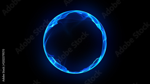 Blue technology 3d sphere of glowing particles and energy waves. Future technology, science, and artificial intelligence background. Big data, AI virtual assistant. Futuristic digital 3d orb. 