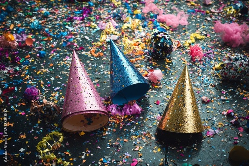 Colorful party hats in a festive atmosphere with confetti falling during cele...