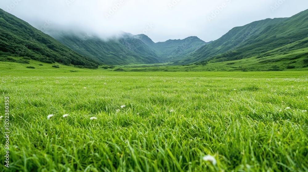 Fototapeta premium Mountain valley meadow, lush green grass, misty peaks, serene landscape, nature background
