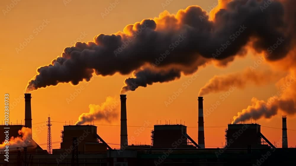 Industrial chimney smoke against vibrant sunset skyline captured in rapid succession