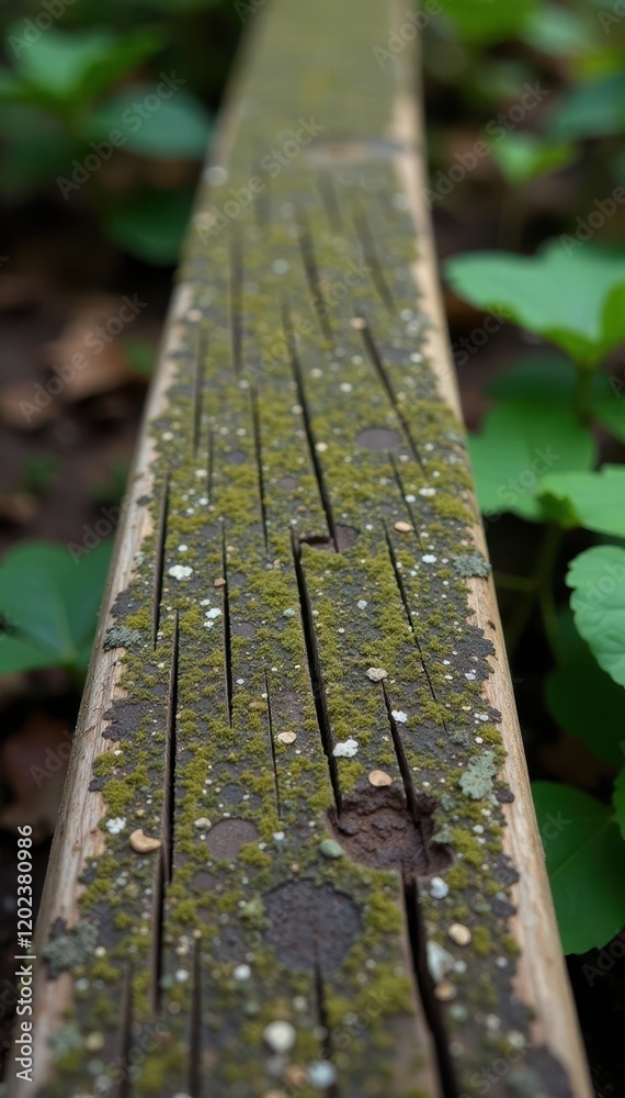 Fototapeta premium Weathered wooden beam with moss and lichen growth, rustic, forest