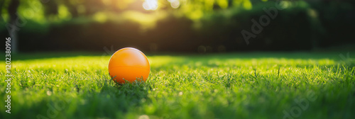 Vibrant chew toy ball resting on lush green grass, playful mood photo