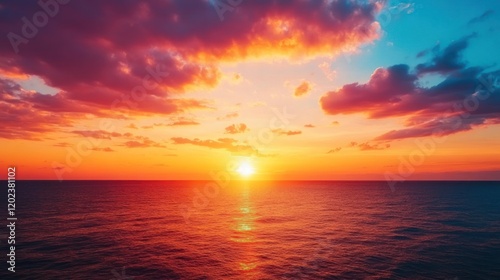 Fiery Sunset Over the Ocean: A breathtaking panorama of vibrant colors painting the sky and sea during a magical sunset.