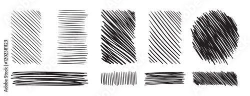 Doodle hand drawn hatching texture lines set. hatched strikethrough rectangle shapes. Diagonal, vertical, or parallel strokes. 