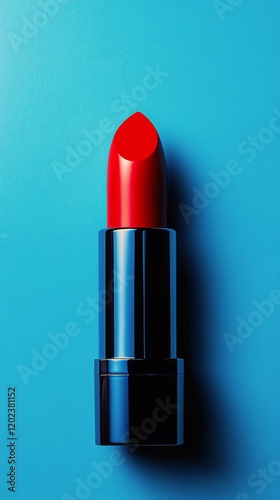 Bright red lipstick on a vibrant blue background showcasing beauty and elegan...