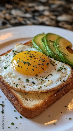 Sliced avocado on toasted bread with a fried egg in bright morning light