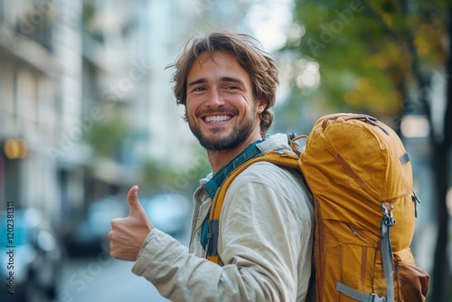Young man with backpack giving thumbs up in urban environment during daytime