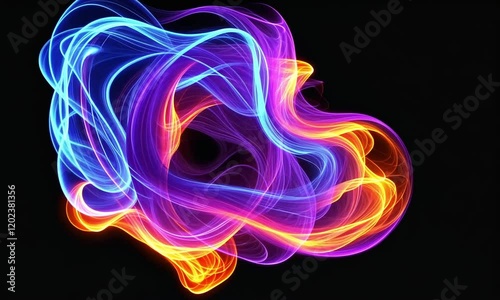 A colorful abstract shape resembling a flame or swirling pattern against a dark background.