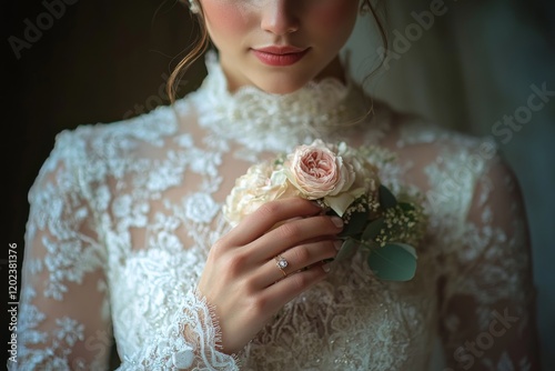 Bride in elegant wedding dress examines intricate ring before ceremony in sof...