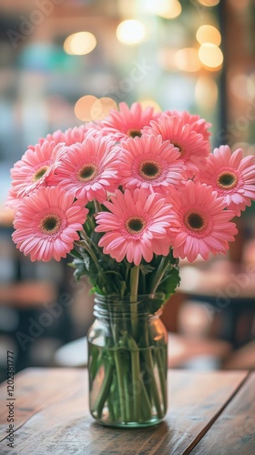 Cherry blossoms in a glass vase placed on a wooden table near a window with s...