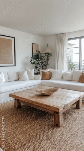 Cozy and modern living room with white sofa and natural decor in a bright space