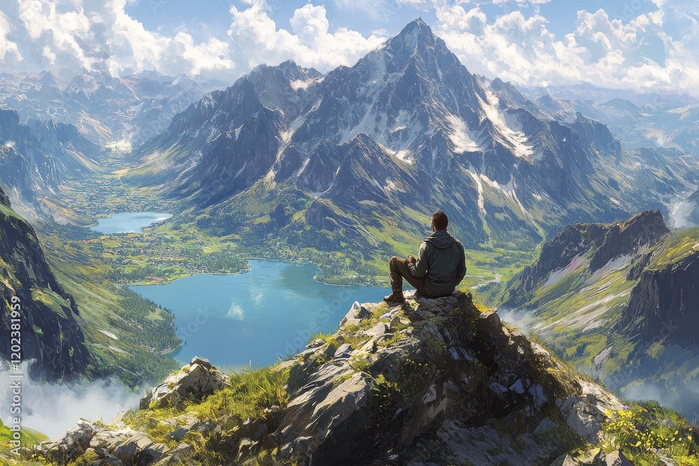 Man sitting on a rock overlooking a serene lake and majestic mountains at dusk Man sitting on a rock overlooking a serene lake and majestic mountains at dusk