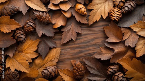 A stunning display of carved wooden leaves and pine cones arranged on a rustic wooden surface, showcasing the intricate details and natural beauty of woodcraft art.