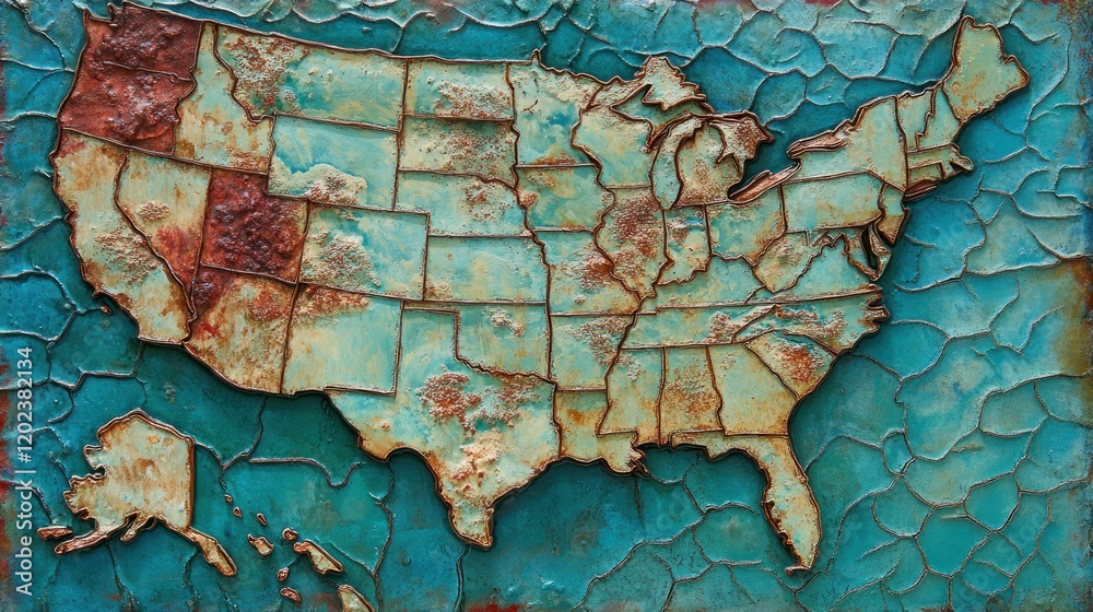 Rustic US map art, textured background, patriotic decor Rustic US map art, textured background, patriotic decor